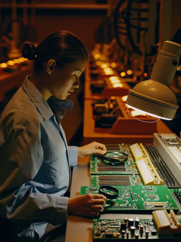 AI concept image: a technician inspecting a circuit board under a magnifier lamp